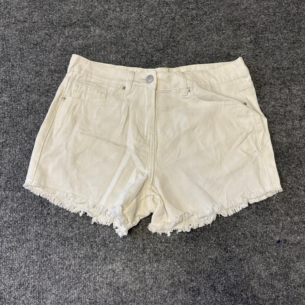 Next Denim Shorts Womens Size 10 Cream High Waist Frayed Hem Cotton Casual